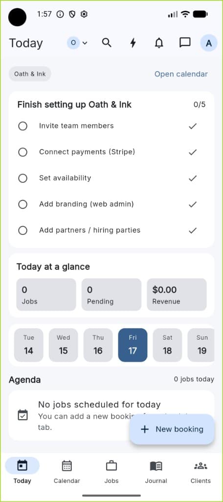 Notary Run mobile app Today screen for Oath & Ink